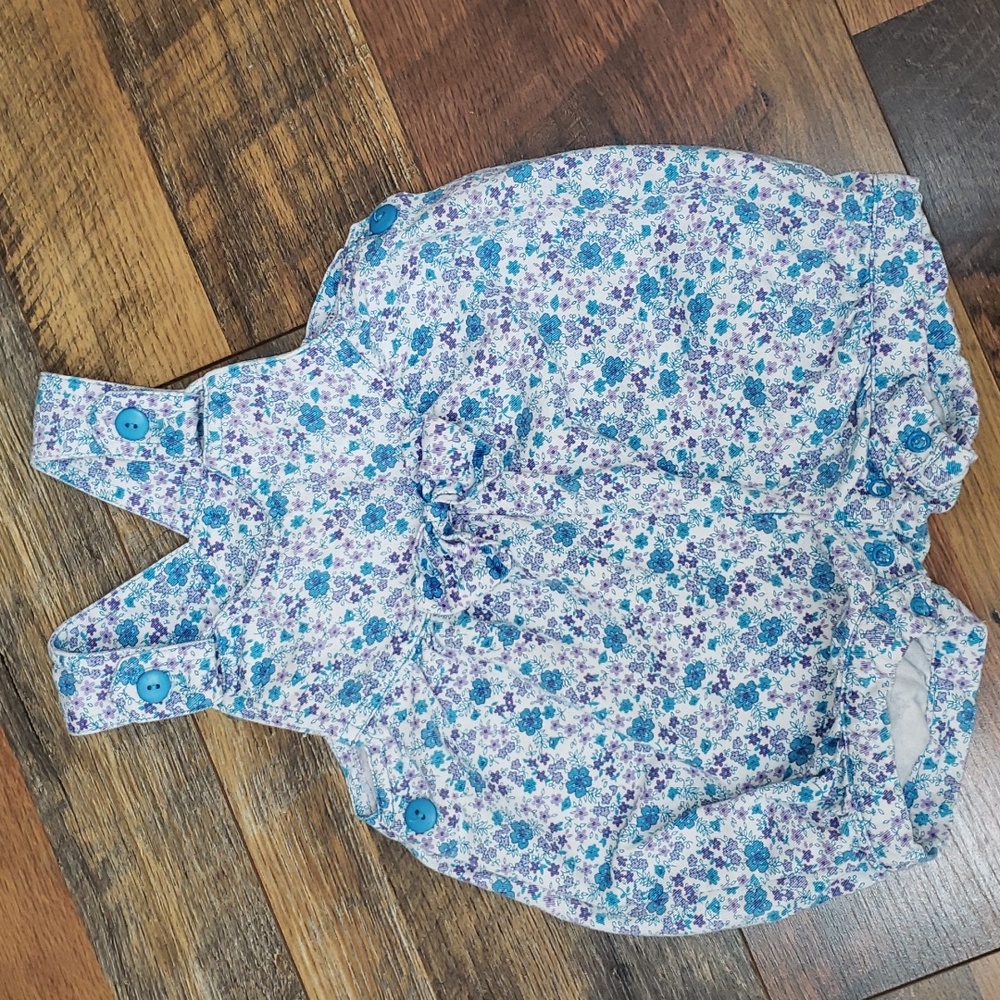 Little Lindsey Blue and Purple Floral Overalls with Bow, Size 18 Months